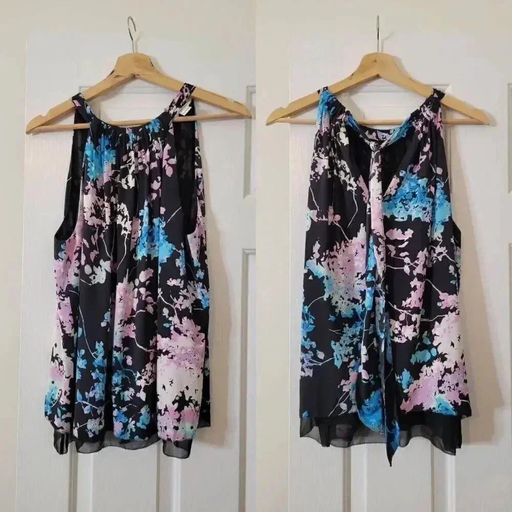 Diane von Furstenberg DVF Lexi Floral Silk Daze Sky Mauve Top Black S $298